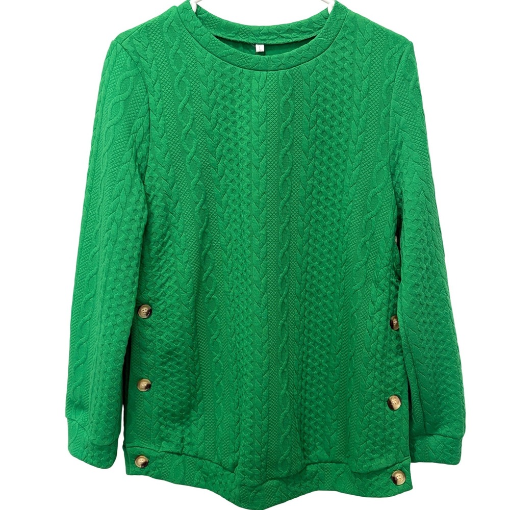 Kohl's Vibrant Green Long Sleeve Top Braid Texture Side Buttons Women's L NWT